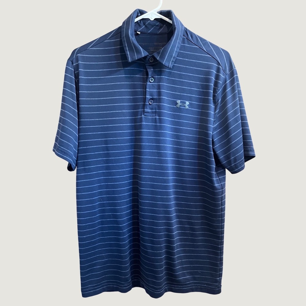 Under Armour Polo Shirt Mens Medium Navy Blue Striped HeatGear Short Sleeve